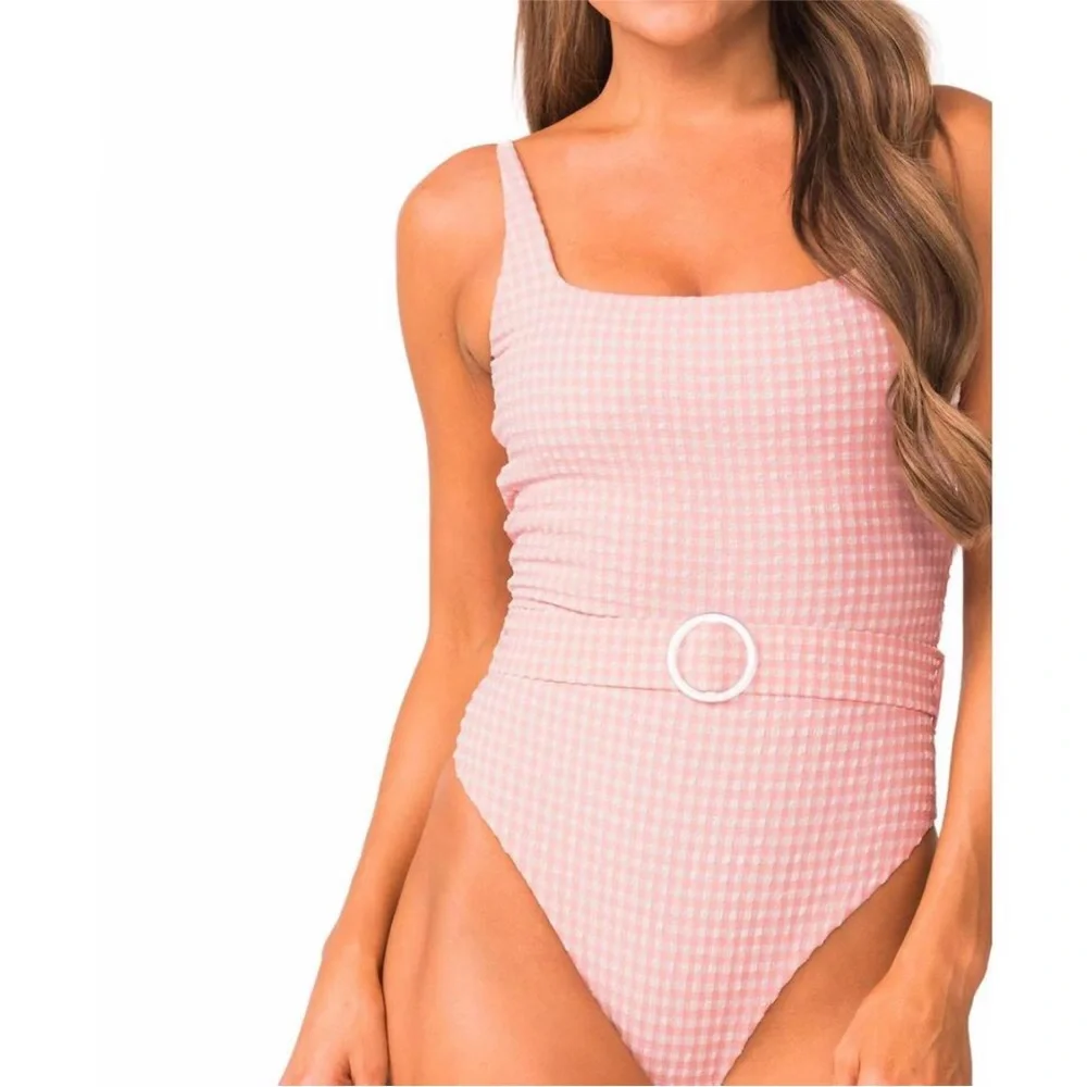PQ Ballet Lucia Belted Pink Gingham One-Piece Swimsuit Large